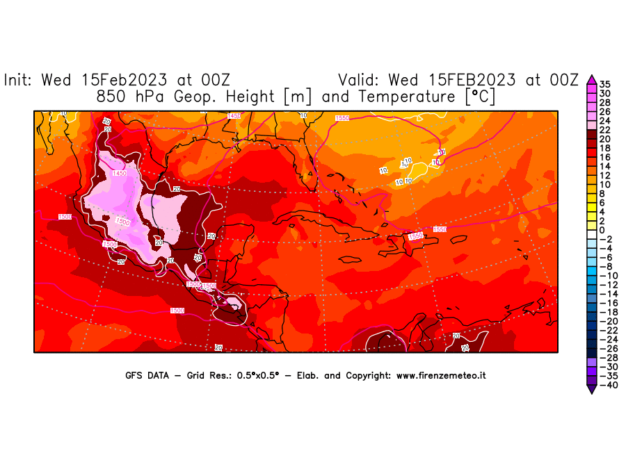 Mappa di analisi GFS - Geopotenziale [m] e Temperatura [°C] a 850 hPa in Centro-America
							del 15/02/2023 00 <!--googleoff: index-->UTC<!--googleon: index-->