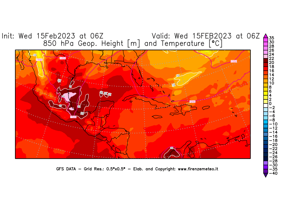 Mappa di analisi GFS - Geopotenziale [m] e Temperatura [°C] a 850 hPa in Centro-America
							del 15/02/2023 06 <!--googleoff: index-->UTC<!--googleon: index-->