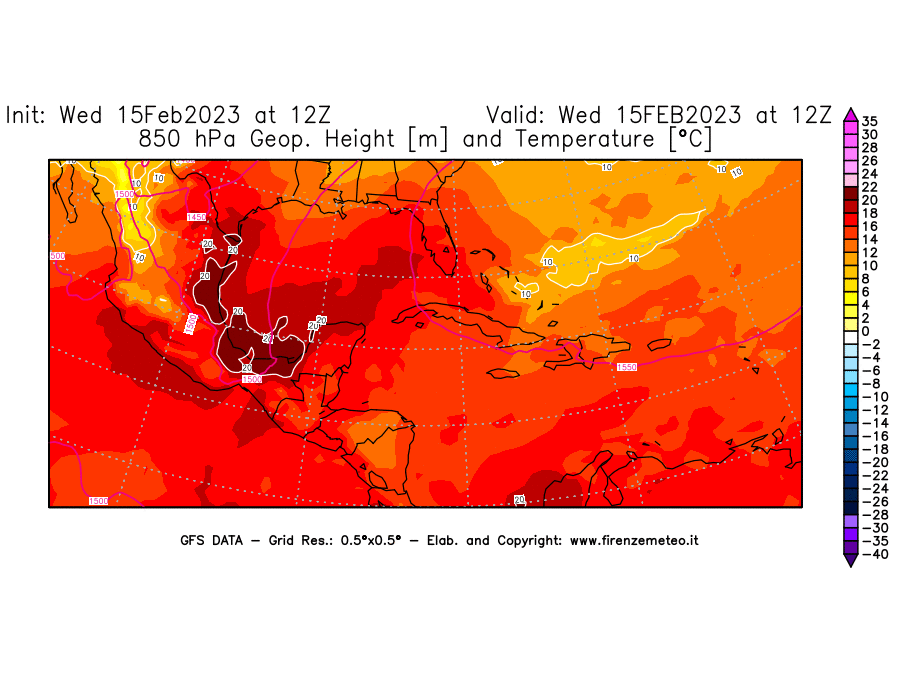 Mappa di analisi GFS - Geopotenziale [m] e Temperatura [°C] a 850 hPa in Centro-America
							del 15/02/2023 12 <!--googleoff: index-->UTC<!--googleon: index-->