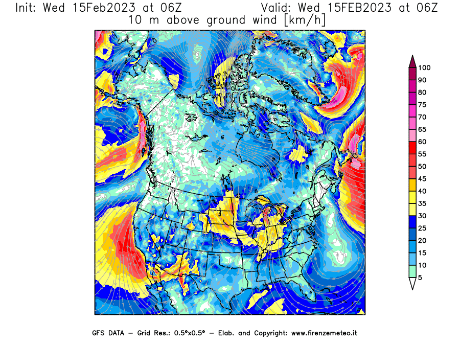 Mappa di analisi GFS - Velocità del vento a 10 metri dal suolo [km/h] in Nord-America
							del 15/02/2023 06 <!--googleoff: index-->UTC<!--googleon: index-->