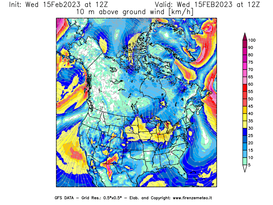 Mappa di analisi GFS - Velocità del vento a 10 metri dal suolo [km/h] in Nord-America
							del 15/02/2023 12 <!--googleoff: index-->UTC<!--googleon: index-->
