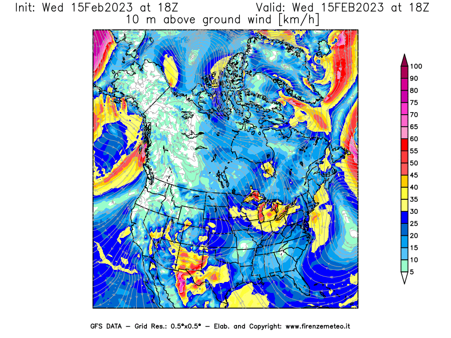Mappa di analisi GFS - Velocità del vento a 10 metri dal suolo [km/h] in Nord-America
							del 15/02/2023 18 <!--googleoff: index-->UTC<!--googleon: index-->