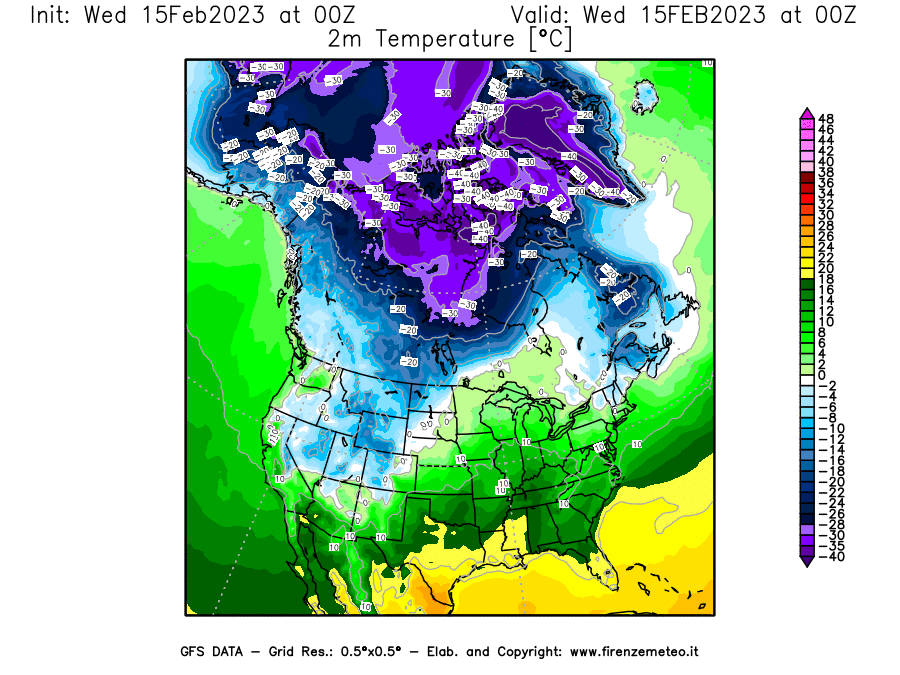 Mappa di analisi GFS - Temperatura a 2 metri dal suolo [°C] in Nord-America
							del 15/02/2023 00 <!--googleoff: index-->UTC<!--googleon: index-->