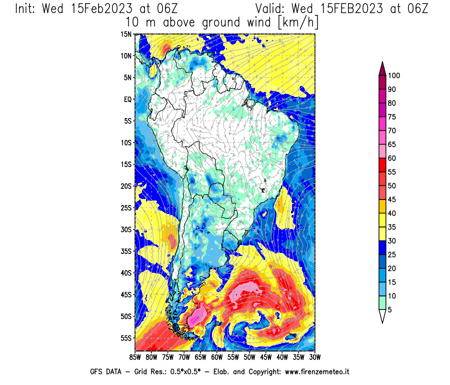 Mappa di analisi GFS - Velocità del vento a 10 metri dal suolo [km/h] in Sud-America
							del 15/02/2023 06 <!--googleoff: index-->UTC<!--googleon: index-->