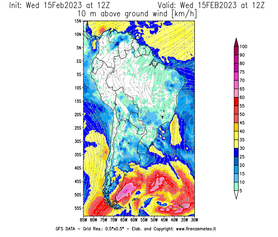 Mappa di analisi GFS - Velocità del vento a 10 metri dal suolo [km/h] in Sud-America
							del 15/02/2023 12 <!--googleoff: index-->UTC<!--googleon: index-->