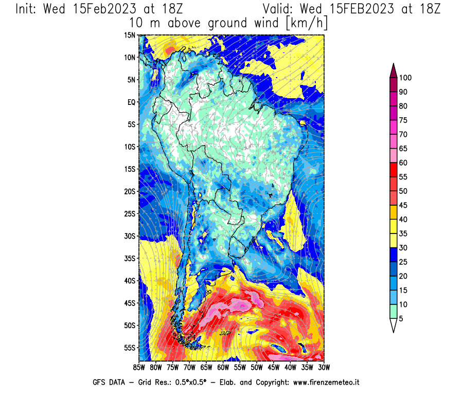 Mappa di analisi GFS - Velocità del vento a 10 metri dal suolo [km/h] in Sud-America
							del 15/02/2023 18 <!--googleoff: index-->UTC<!--googleon: index-->