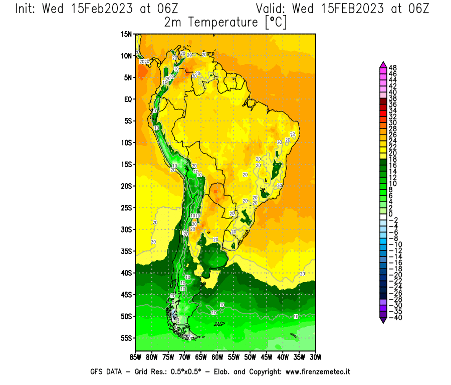 Mappa di analisi GFS - Temperatura a 2 metri dal suolo [°C] in Sud-America
							del 15/02/2023 06 <!--googleoff: index-->UTC<!--googleon: index-->