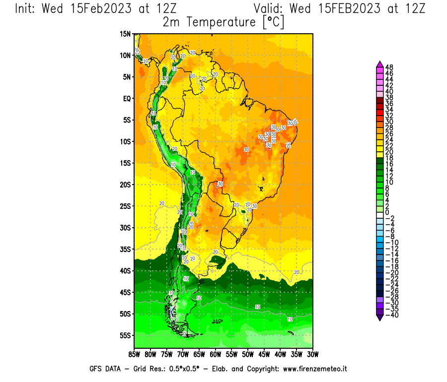 Mappa di analisi GFS - Temperatura a 2 metri dal suolo [°C] in Sud-America
							del 15/02/2023 12 <!--googleoff: index-->UTC<!--googleon: index-->