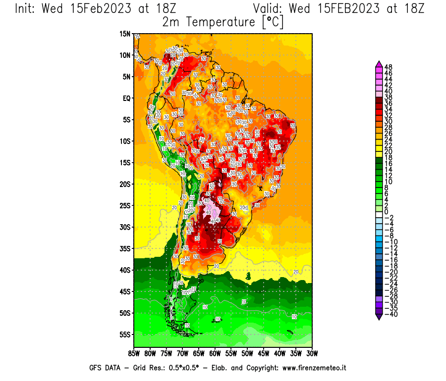 Mappa di analisi GFS - Temperatura a 2 metri dal suolo [°C] in Sud-America
							del 15/02/2023 18 <!--googleoff: index-->UTC<!--googleon: index-->
