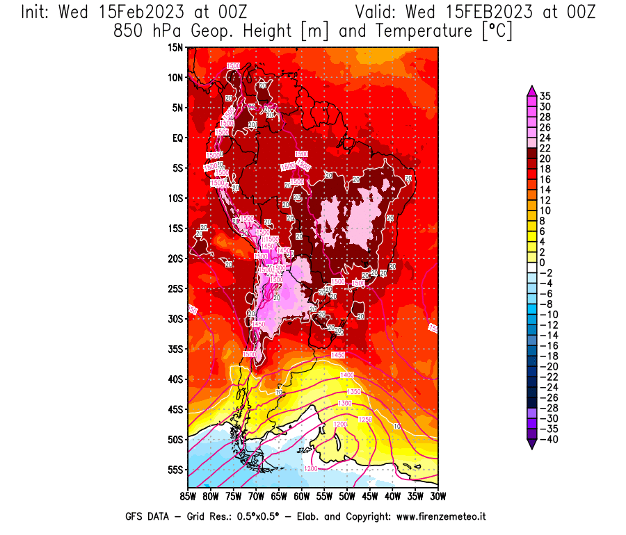 Mappa di analisi GFS - Geopotenziale [m] e Temperatura [°C] a 850 hPa in Sud-America
							del 15/02/2023 00 <!--googleoff: index-->UTC<!--googleon: index-->