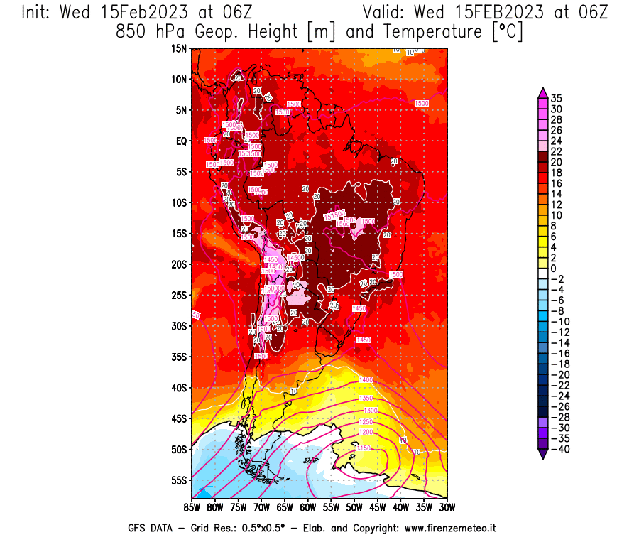 Mappa di analisi GFS - Geopotenziale [m] e Temperatura [°C] a 850 hPa in Sud-America
							del 15/02/2023 06 <!--googleoff: index-->UTC<!--googleon: index-->