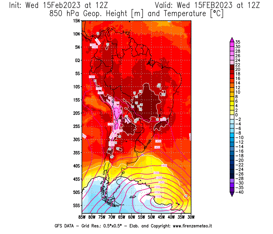 Mappa di analisi GFS - Geopotenziale [m] e Temperatura [°C] a 850 hPa in Sud-America
							del 15/02/2023 12 <!--googleoff: index-->UTC<!--googleon: index-->