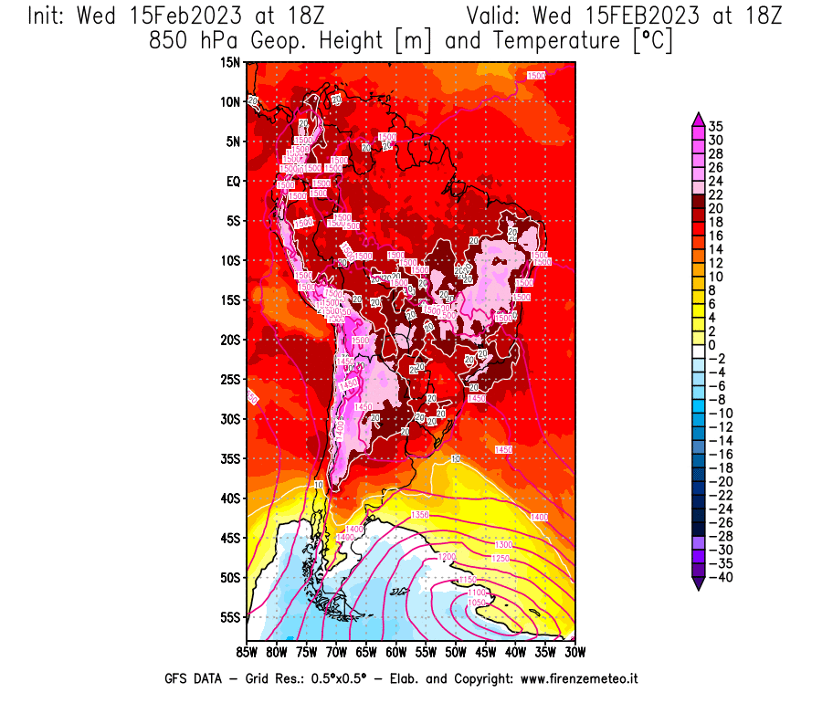 Mappa di analisi GFS - Geopotenziale [m] e Temperatura [°C] a 850 hPa in Sud-America
							del 15/02/2023 18 <!--googleoff: index-->UTC<!--googleon: index-->