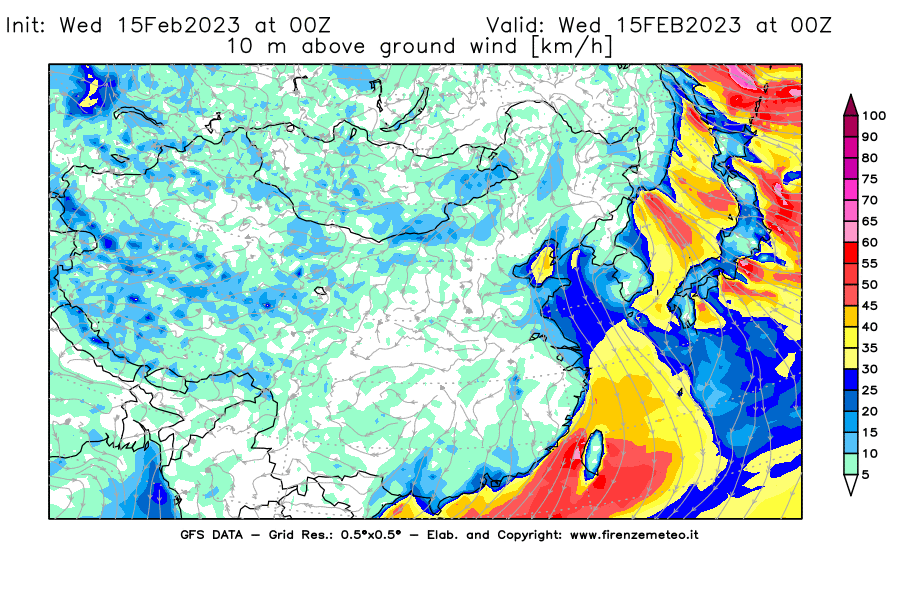 Mappa di analisi GFS - Velocità del vento a 10 metri dal suolo [km/h] in Asia Orientale
							del 15/02/2023 00 <!--googleoff: index-->UTC<!--googleon: index-->