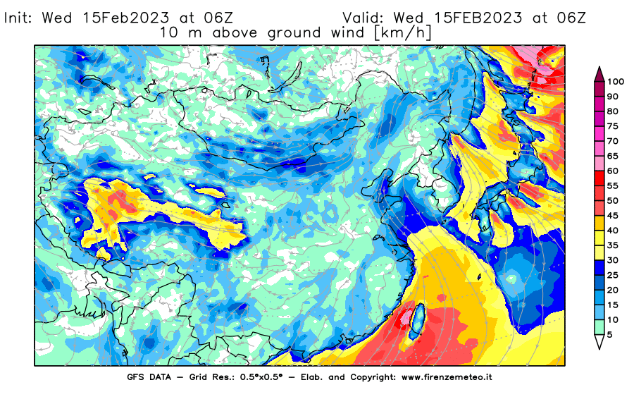 Mappa di analisi GFS - Velocità del vento a 10 metri dal suolo [km/h] in Asia Orientale
							del 15/02/2023 06 <!--googleoff: index-->UTC<!--googleon: index-->