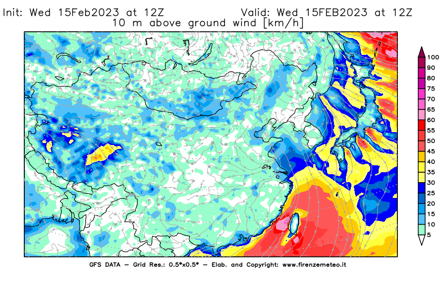 Mappa di analisi GFS - Velocità del vento a 10 metri dal suolo [km/h] in Asia Orientale
							del 15/02/2023 12 <!--googleoff: index-->UTC<!--googleon: index-->