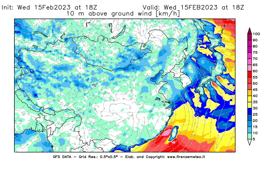 Mappa di analisi GFS - Velocità del vento a 10 metri dal suolo [km/h] in Asia Orientale
							del 15/02/2023 18 <!--googleoff: index-->UTC<!--googleon: index-->