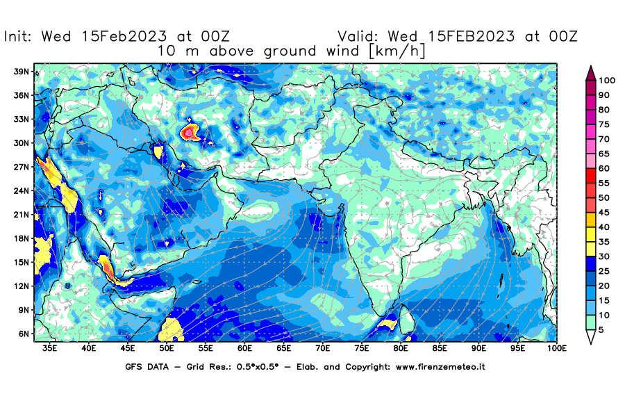 Mappa di analisi GFS - Velocità del vento a 10 metri dal suolo [km/h] in Asia Sud-Occidentale
							del 15/02/2023 00 <!--googleoff: index-->UTC<!--googleon: index-->