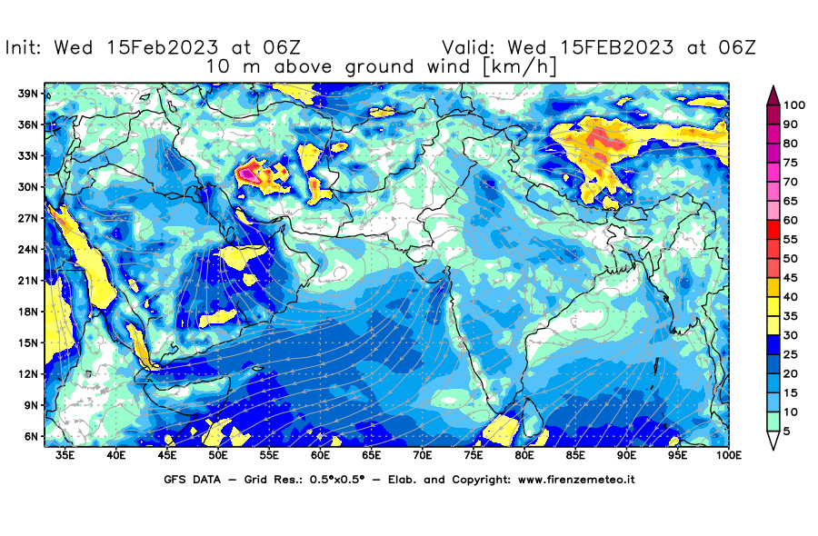 Mappa di analisi GFS - Velocità del vento a 10 metri dal suolo [km/h] in Asia Sud-Occidentale
							del 15/02/2023 06 <!--googleoff: index-->UTC<!--googleon: index-->