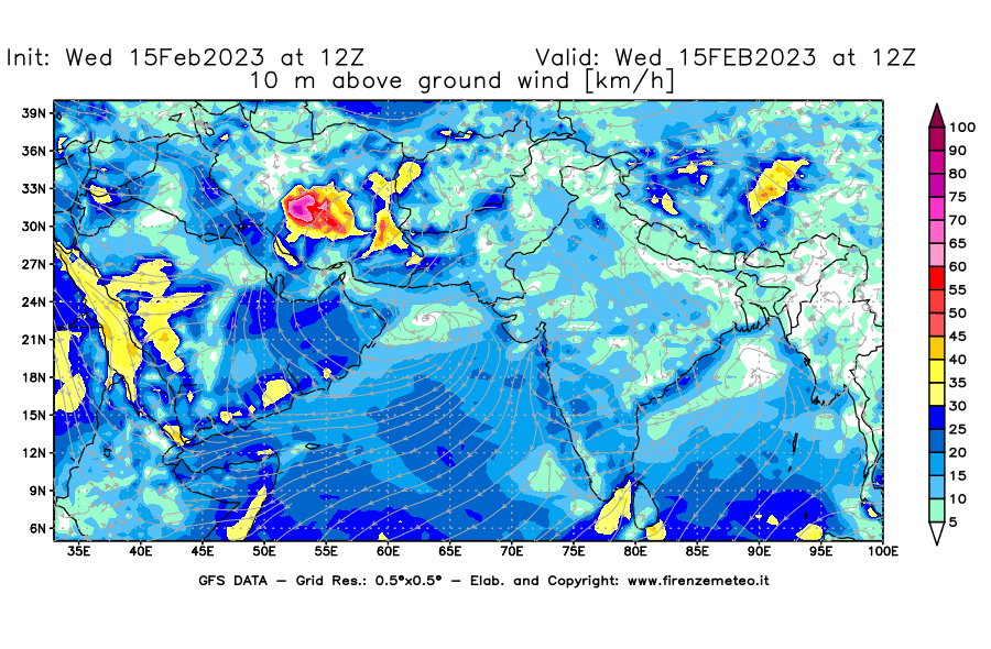 Mappa di analisi GFS - Velocità del vento a 10 metri dal suolo [km/h] in Asia Sud-Occidentale
							del 15/02/2023 12 <!--googleoff: index-->UTC<!--googleon: index-->