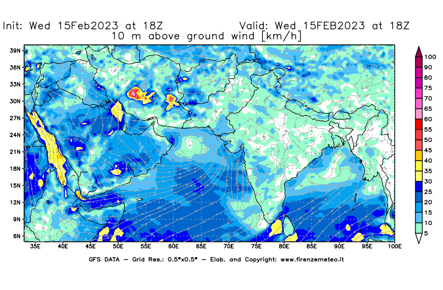 Mappa di analisi GFS - Velocità del vento a 10 metri dal suolo [km/h] in Asia Sud-Occidentale
							del 15/02/2023 18 <!--googleoff: index-->UTC<!--googleon: index-->