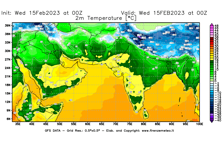 Mappa di analisi GFS - Temperatura a 2 metri dal suolo [°C] in Asia Sud-Occidentale
							del 15/02/2023 00 <!--googleoff: index-->UTC<!--googleon: index-->