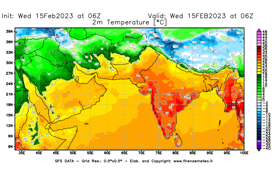 Mappa di analisi GFS - Temperatura a 2 metri dal suolo [°C] in Asia Sud-Occidentale
							del 15/02/2023 06 <!--googleoff: index-->UTC<!--googleon: index-->