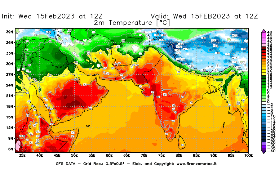 Mappa di analisi GFS - Temperatura a 2 metri dal suolo [°C] in Asia Sud-Occidentale
							del 15/02/2023 12 <!--googleoff: index-->UTC<!--googleon: index-->