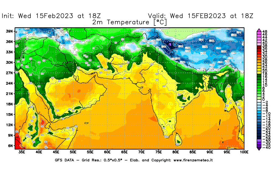 Mappa di analisi GFS - Temperatura a 2 metri dal suolo [°C] in Asia Sud-Occidentale
							del 15/02/2023 18 <!--googleoff: index-->UTC<!--googleon: index-->