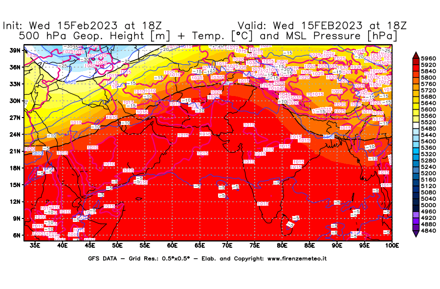 Mappa di analisi GFS - Geopotenziale [m] + Temp. [°C] a 500 hPa + Press. a livello del mare [hPa] in Asia Sud-Occidentale
							del 15/02/2023 18 <!--googleoff: index-->UTC<!--googleon: index-->