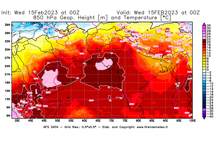 Mappa di analisi GFS - Geopotenziale [m] e Temperatura [°C] a 850 hPa in Asia Sud-Occidentale
							del 15/02/2023 00 <!--googleoff: index-->UTC<!--googleon: index-->