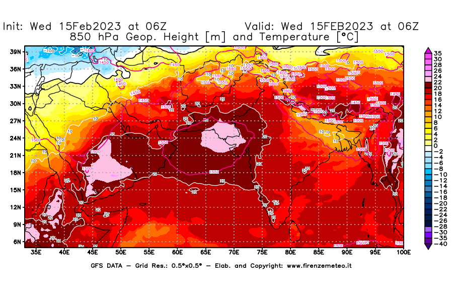 Mappa di analisi GFS - Geopotenziale [m] e Temperatura [°C] a 850 hPa in Asia Sud-Occidentale
							del 15/02/2023 06 <!--googleoff: index-->UTC<!--googleon: index-->