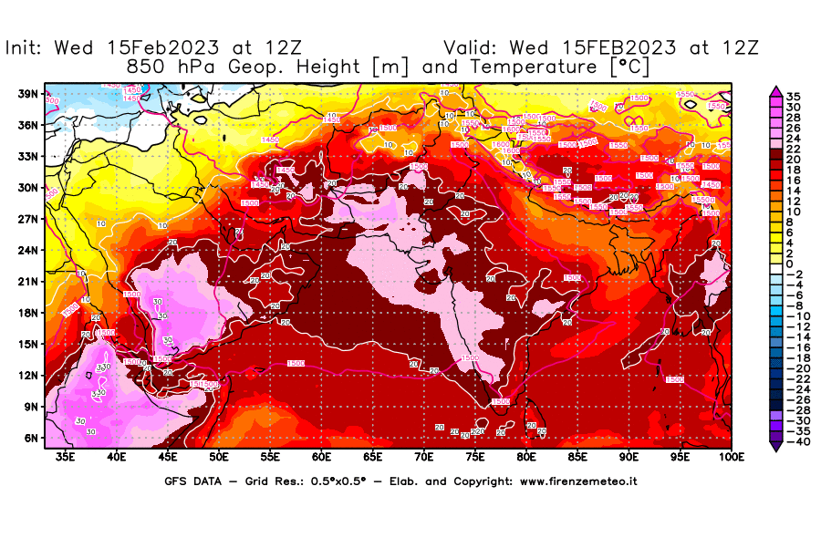 Mappa di analisi GFS - Geopotenziale [m] e Temperatura [°C] a 850 hPa in Asia Sud-Occidentale
							del 15/02/2023 12 <!--googleoff: index-->UTC<!--googleon: index-->