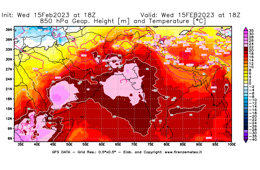 Mappa di analisi GFS - Geopotenziale [m] e Temperatura [°C] a 850 hPa in Asia Sud-Occidentale
							del 15/02/2023 18 <!--googleoff: index-->UTC<!--googleon: index-->