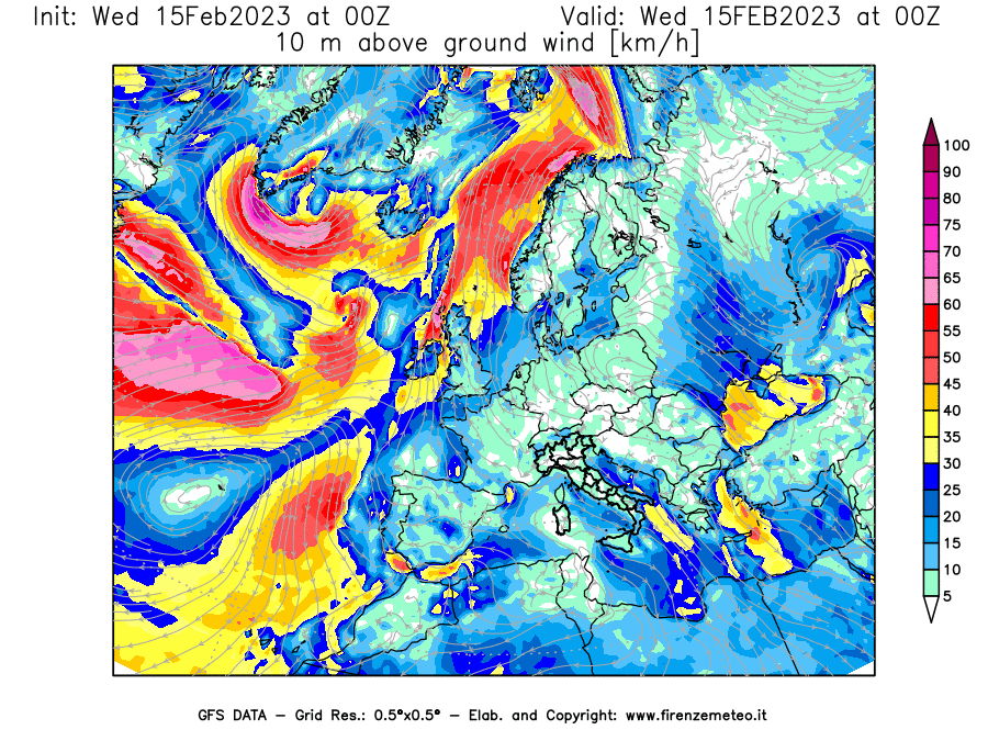 Mappa di analisi GFS - Velocità del vento a 10 metri dal suolo [km/h] in Europa
							del 15/02/2023 00 <!--googleoff: index-->UTC<!--googleon: index-->