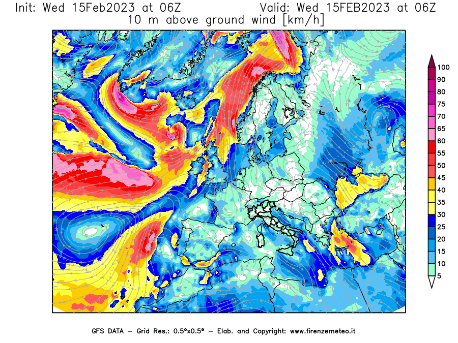 Mappa di analisi GFS - Velocità del vento a 10 metri dal suolo [km/h] in Europa
							del 15/02/2023 06 <!--googleoff: index-->UTC<!--googleon: index-->