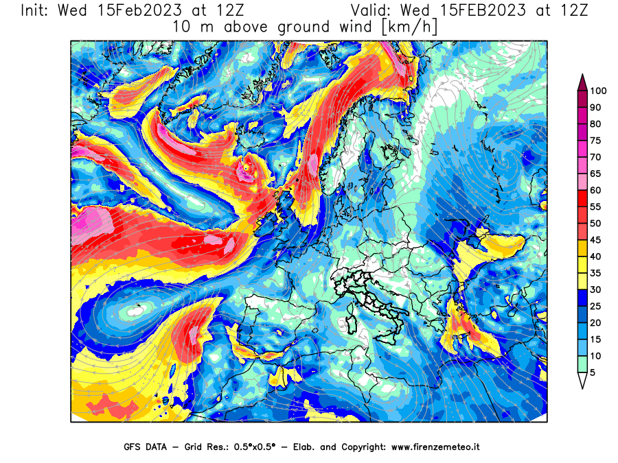 Mappa di analisi GFS - Velocità del vento a 10 metri dal suolo [km/h] in Europa
							del 15/02/2023 12 <!--googleoff: index-->UTC<!--googleon: index-->