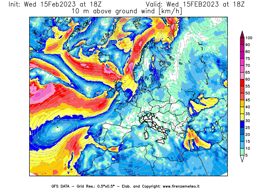 Mappa di analisi GFS - Velocità del vento a 10 metri dal suolo [km/h] in Europa
							del 15/02/2023 18 <!--googleoff: index-->UTC<!--googleon: index-->