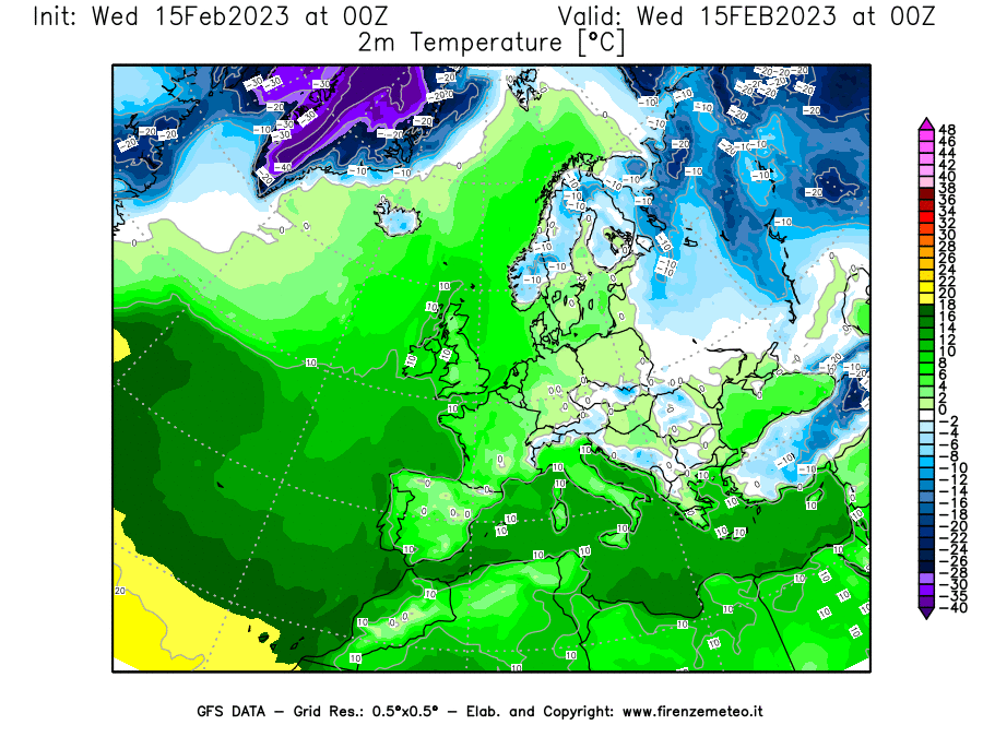 Mappa di analisi GFS - Temperatura a 2 metri dal suolo [°C] in Europa
							del 15/02/2023 00 <!--googleoff: index-->UTC<!--googleon: index-->