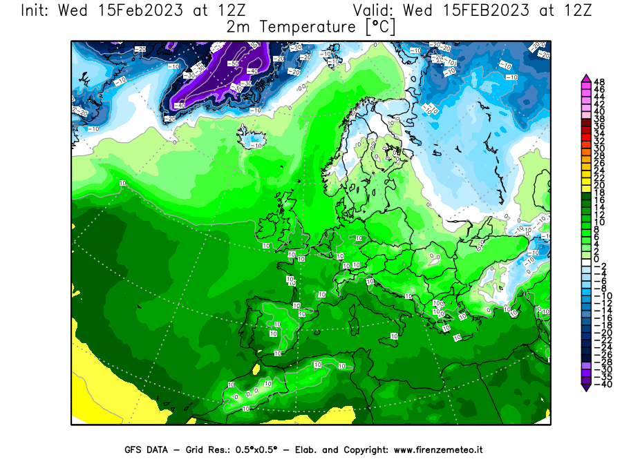 Mappa di analisi GFS - Temperatura a 2 metri dal suolo [°C] in Europa
							del 15/02/2023 12 <!--googleoff: index-->UTC<!--googleon: index-->