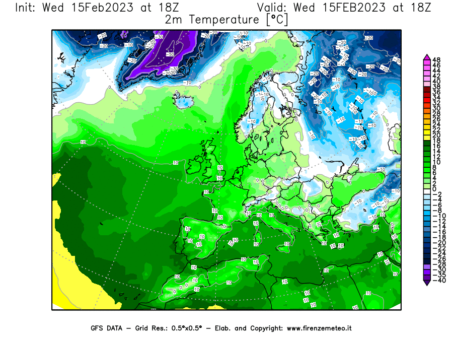 Mappa di analisi GFS - Temperatura a 2 metri dal suolo [°C] in Europa
							del 15/02/2023 18 <!--googleoff: index-->UTC<!--googleon: index-->