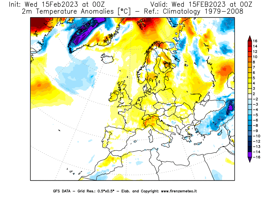 Mappa di analisi GFS - Anomalia Temperatura [°C] a 2 m in Europa
							del 15/02/2023 00 <!--googleoff: index-->UTC<!--googleon: index-->