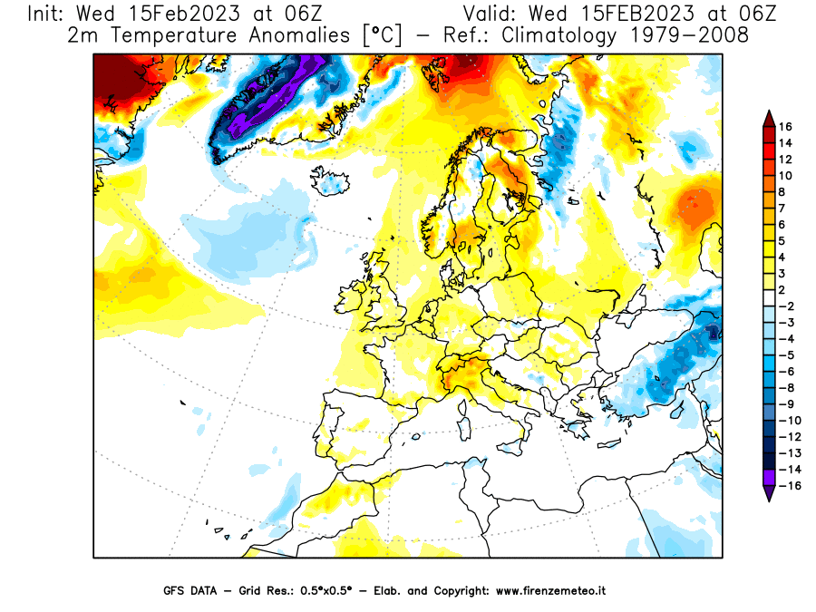Mappa di analisi GFS - Anomalia Temperatura [°C] a 2 m in Europa
							del 15/02/2023 06 <!--googleoff: index-->UTC<!--googleon: index-->