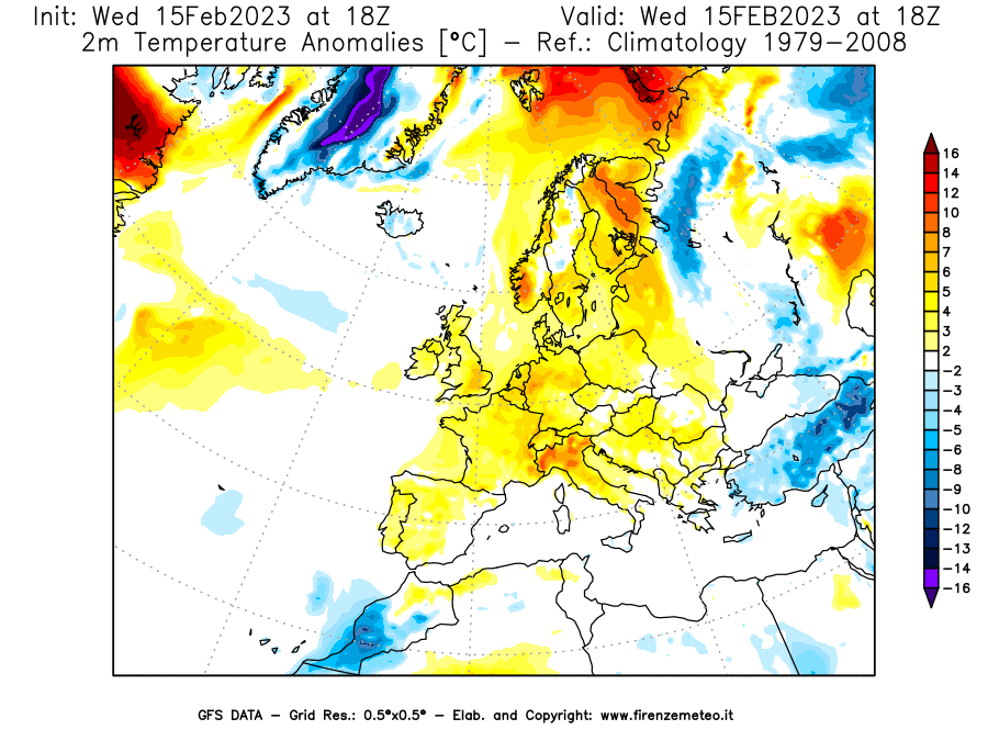 Mappa di analisi GFS - Anomalia Temperatura [°C] a 2 m in Europa
							del 15/02/2023 18 <!--googleoff: index-->UTC<!--googleon: index-->