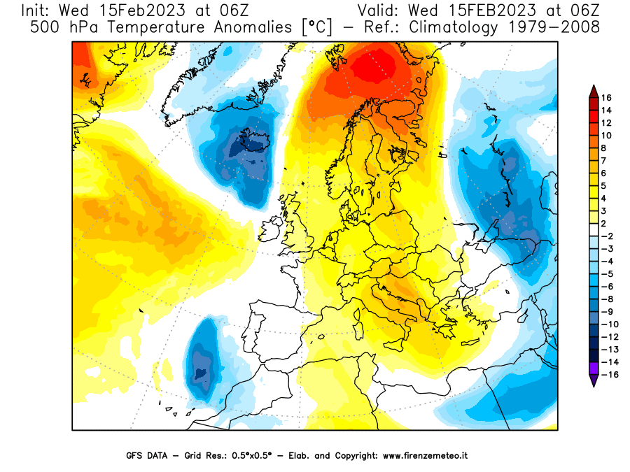 Mappa di analisi GFS - Anomalia Temperatura [°C] a 500 hPa in Europa
							del 15/02/2023 06 <!--googleoff: index-->UTC<!--googleon: index-->
