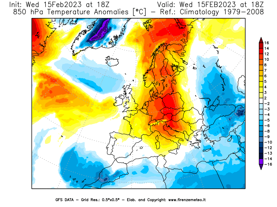 Mappa di analisi GFS - Anomalia Temperatura [°C] a 850 hPa in Europa
							del 15/02/2023 18 <!--googleoff: index-->UTC<!--googleon: index-->
