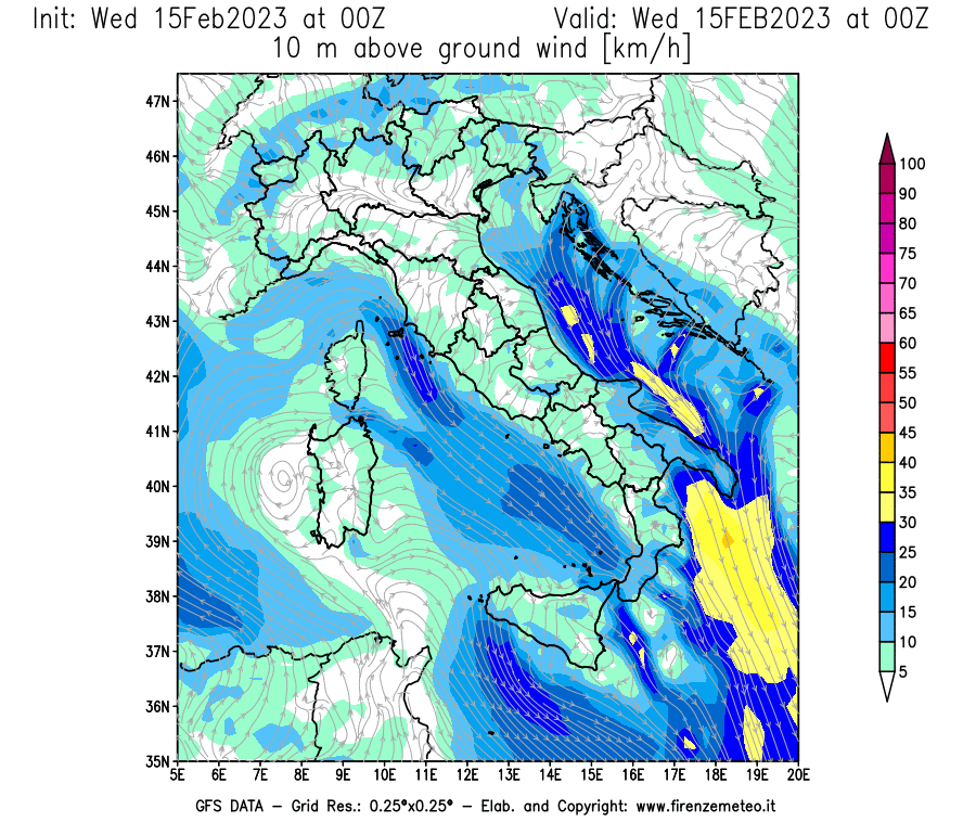 Mappa di analisi GFS - Velocità del vento a 10 metri dal suolo [km/h] in Italia
							del 15/02/2023 00 <!--googleoff: index-->UTC<!--googleon: index-->