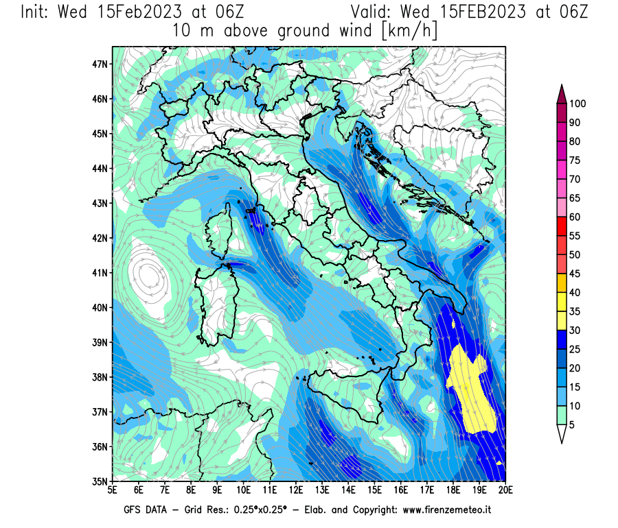 Mappa di analisi GFS - Velocità del vento a 10 metri dal suolo [km/h] in Italia
							del 15/02/2023 06 <!--googleoff: index-->UTC<!--googleon: index-->