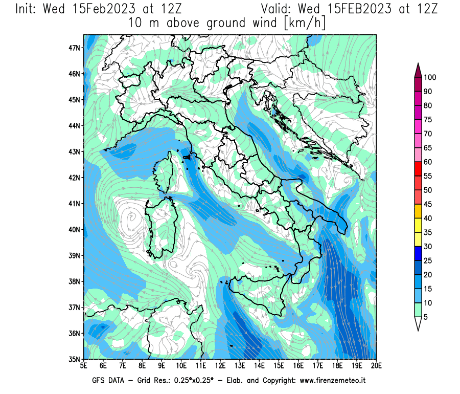 Mappa di analisi GFS - Velocità del vento a 10 metri dal suolo [km/h] in Italia
							del 15/02/2023 12 <!--googleoff: index-->UTC<!--googleon: index-->