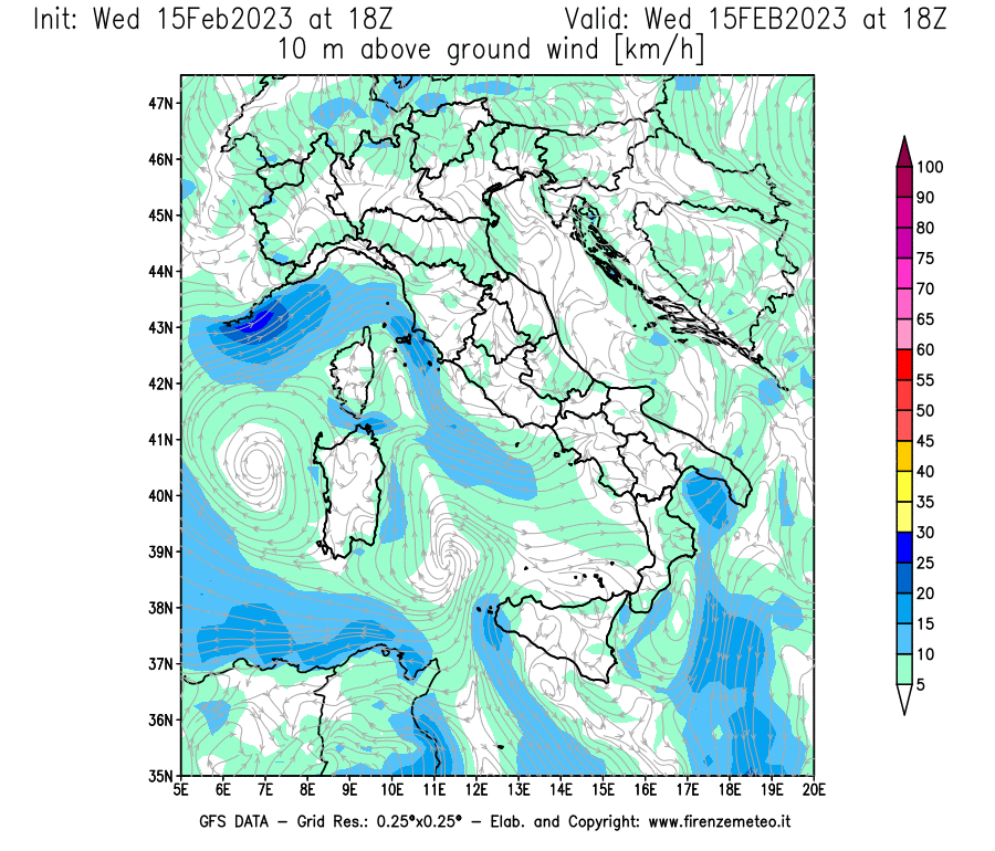 Mappa di analisi GFS - Velocità del vento a 10 metri dal suolo [km/h] in Italia
							del 15/02/2023 18 <!--googleoff: index-->UTC<!--googleon: index-->